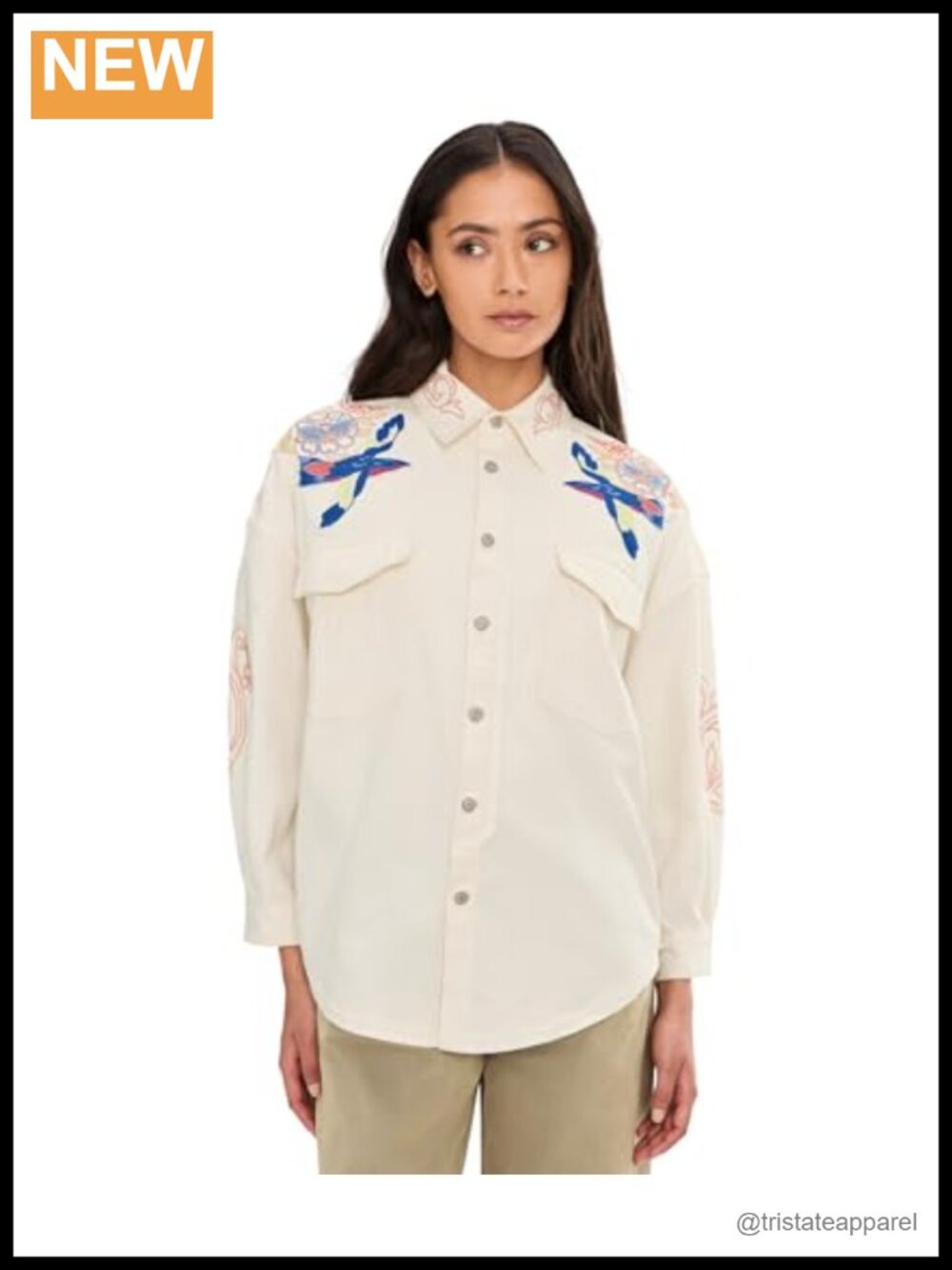 Free People Take Flight Embroidered Button-Down Shirt Oversized Cotton